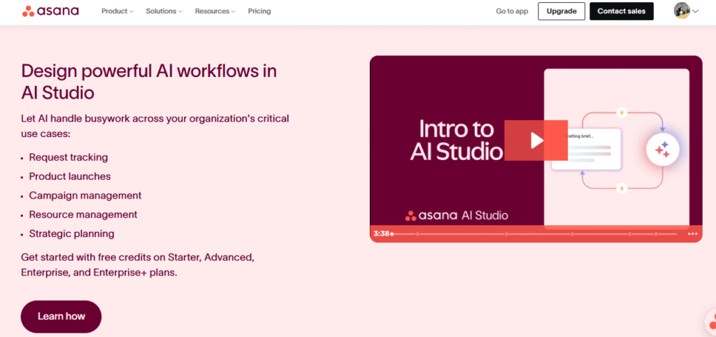 Asana A snapshot of Asana's homepage
