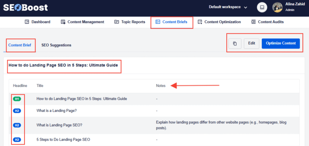 SEOBoost's content briefs feature Blog post templates - A snapshot of SEOBoost's content briefs feature