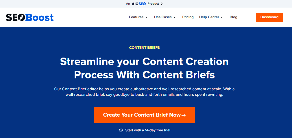 SEOBoost’s Content Briefs A snapshot of SEOBoost’s Content Briefs landing page