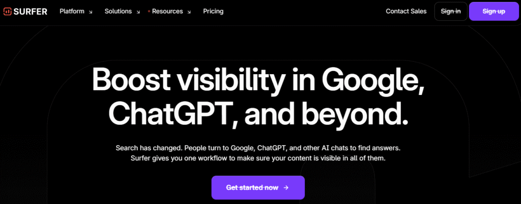 SurferSEO A snapshot of SurferSEO's homepage
