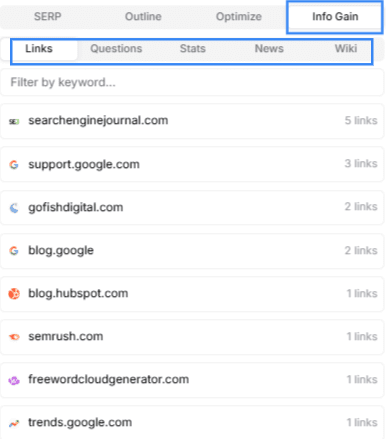Frase's info gain feature A snapshot of Frase's info gain feature