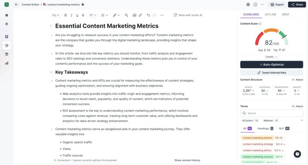 SurferSEO's content editor feature A snapshot of SurferSEO's content editor feature showing the content and metrics