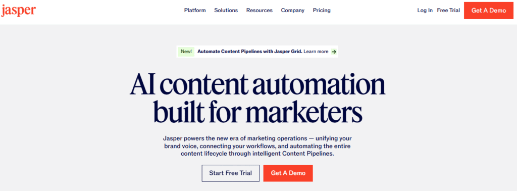 A snapshot of Jasper AI's homepage