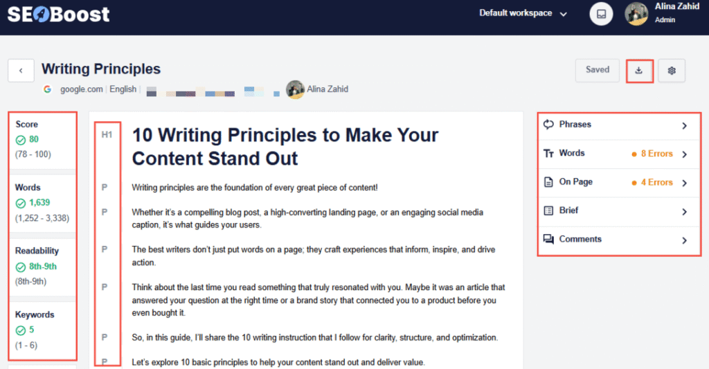 A snapshot of SEOBoost's content optimization feature showing the content editor and suggestions