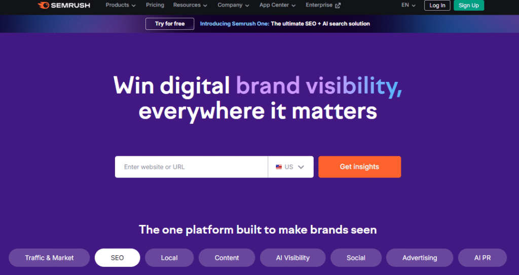 Semrush A snapshot of Semrush's homepage