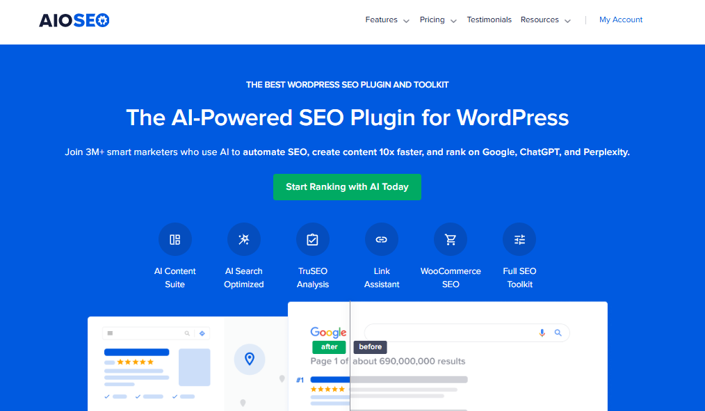 All In One SEO A snapshot of AIOSEO's homepage