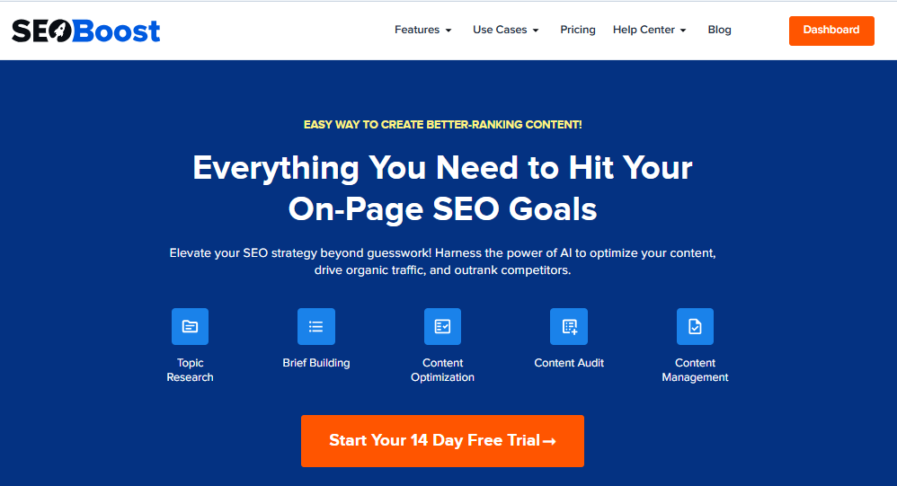 AI Content Marketing Tools - a snapshot of SEOBoost's homepage