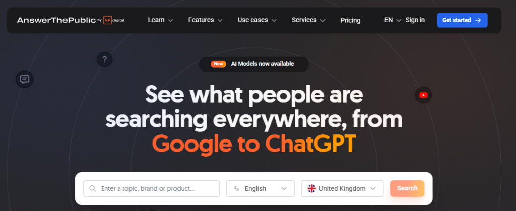 A snapshot of AnswerThePublic's homepage