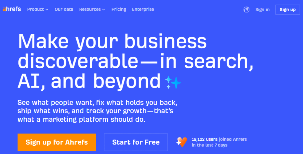 A snapshot of Ahref's homepage