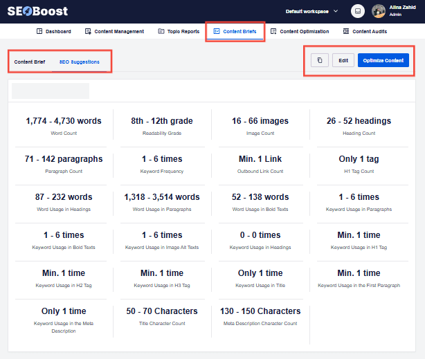 A snapshot of SEOBoost's Content Briefs feature showing SEO suggestions to include