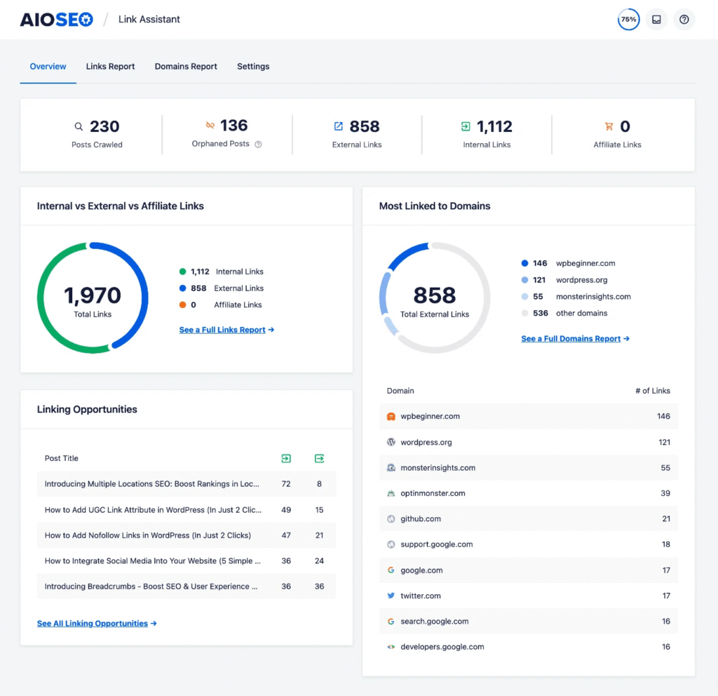 A snapshot of AIOSEO Link Assistant feature showing the overview of links report