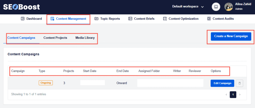 A snapshot of SEOBoost's content management feature showing current content campaigns
