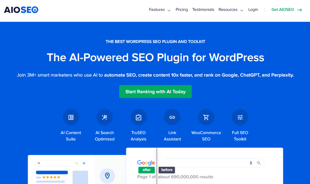 A snapshot of All In One SEO's homepage