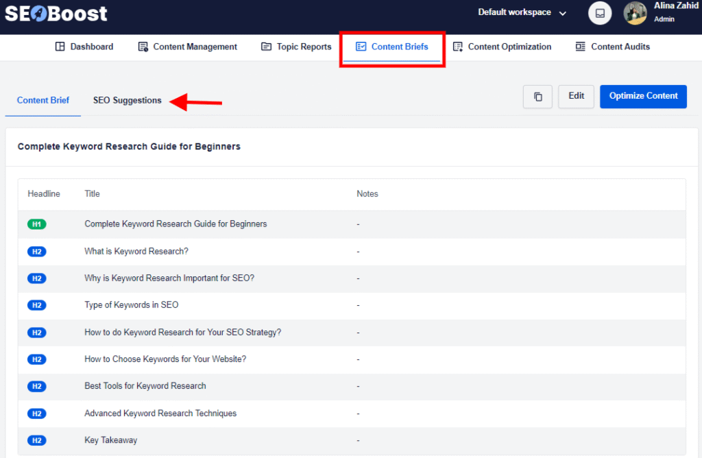 A snapshot of SEOBoost's content briefs feature showing headings and SEO suggestions