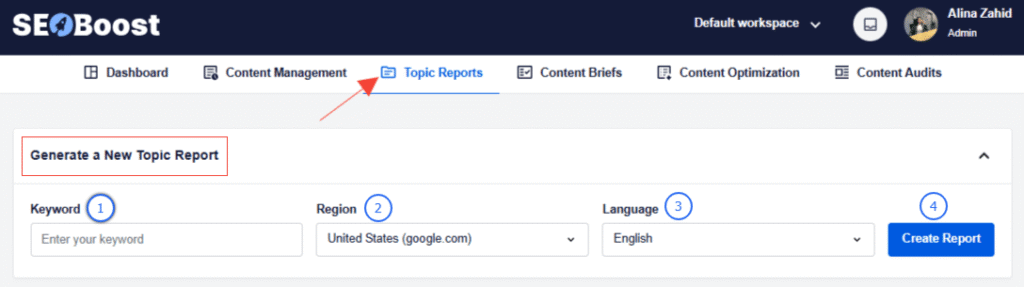 A snapshot of how to create a topic report in SEOBoost