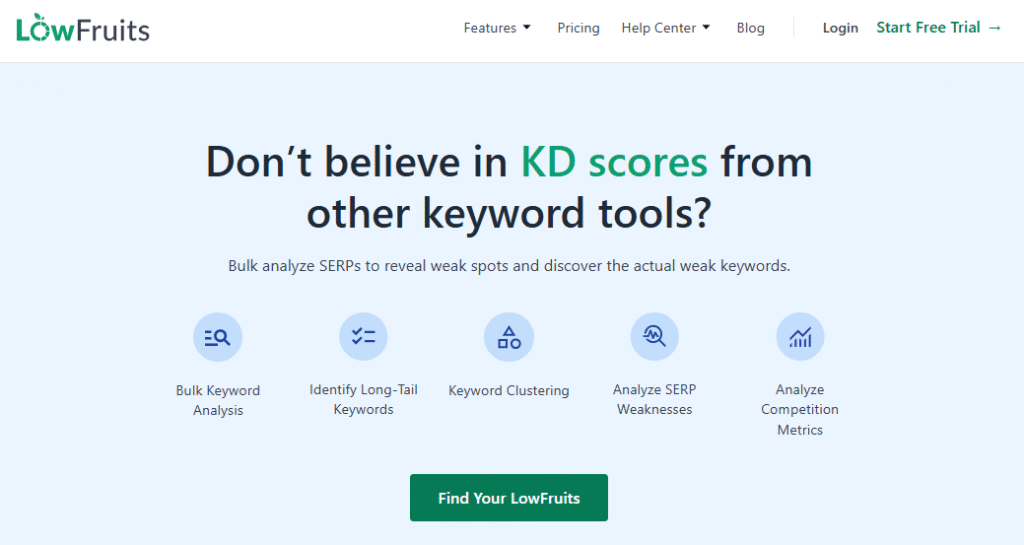 LowFruits A snapshot of LowFruits' homepage