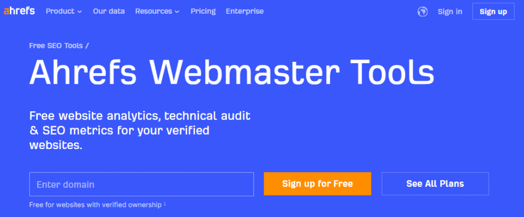 Ahrefs Webmaster Tools A snapshot of Ahrefs Webmaster Tools's homepage