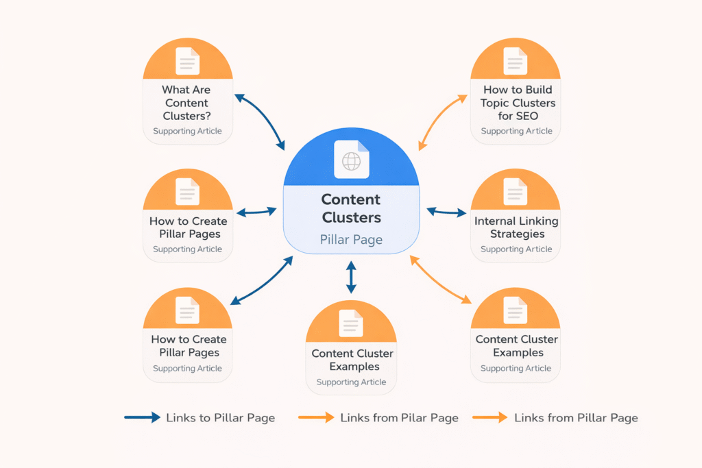 Content clusters explained in a visual diagram with examples